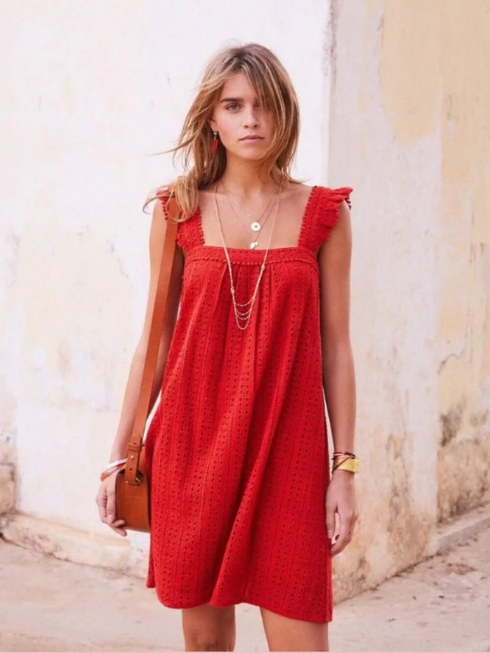 Sezane Brick Red Sleeveless Crochet Shift Sundress